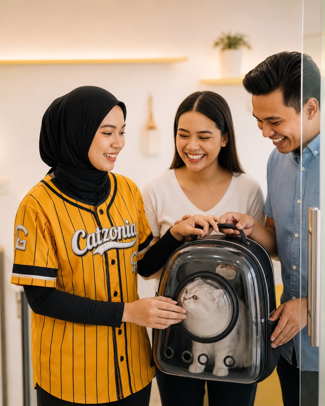 A Catzonia teammate handing a cat in a bubble carrier back to a delighted couple