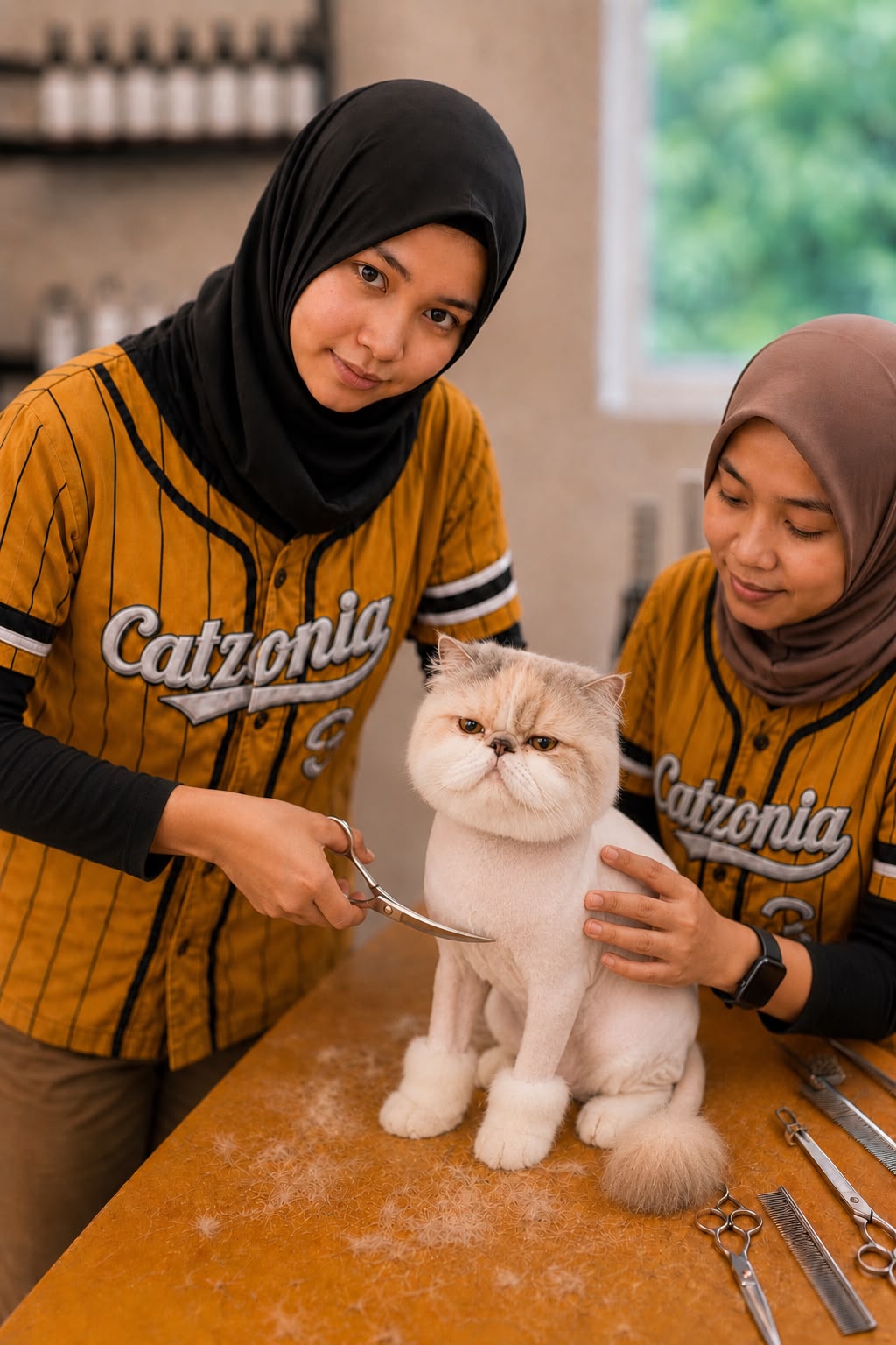 Two Catzonia groomers carefully scissor-finishing a calm exotic cat
