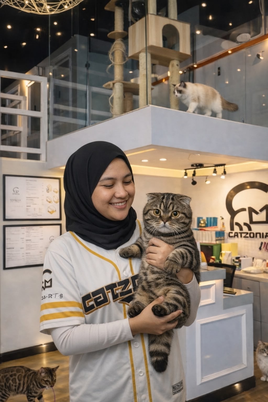 A smiling Catzonia teammate cradling a Scottish Fold at the outlet reception