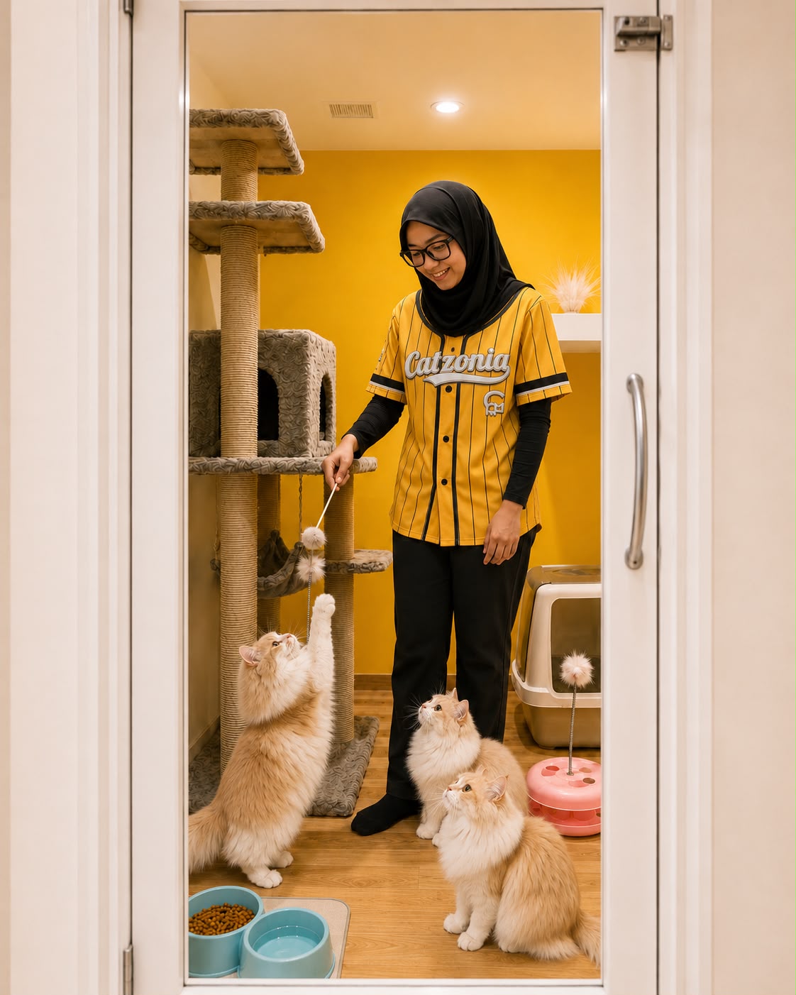 A Catzonia teammate playing with three cats in a boarding suite