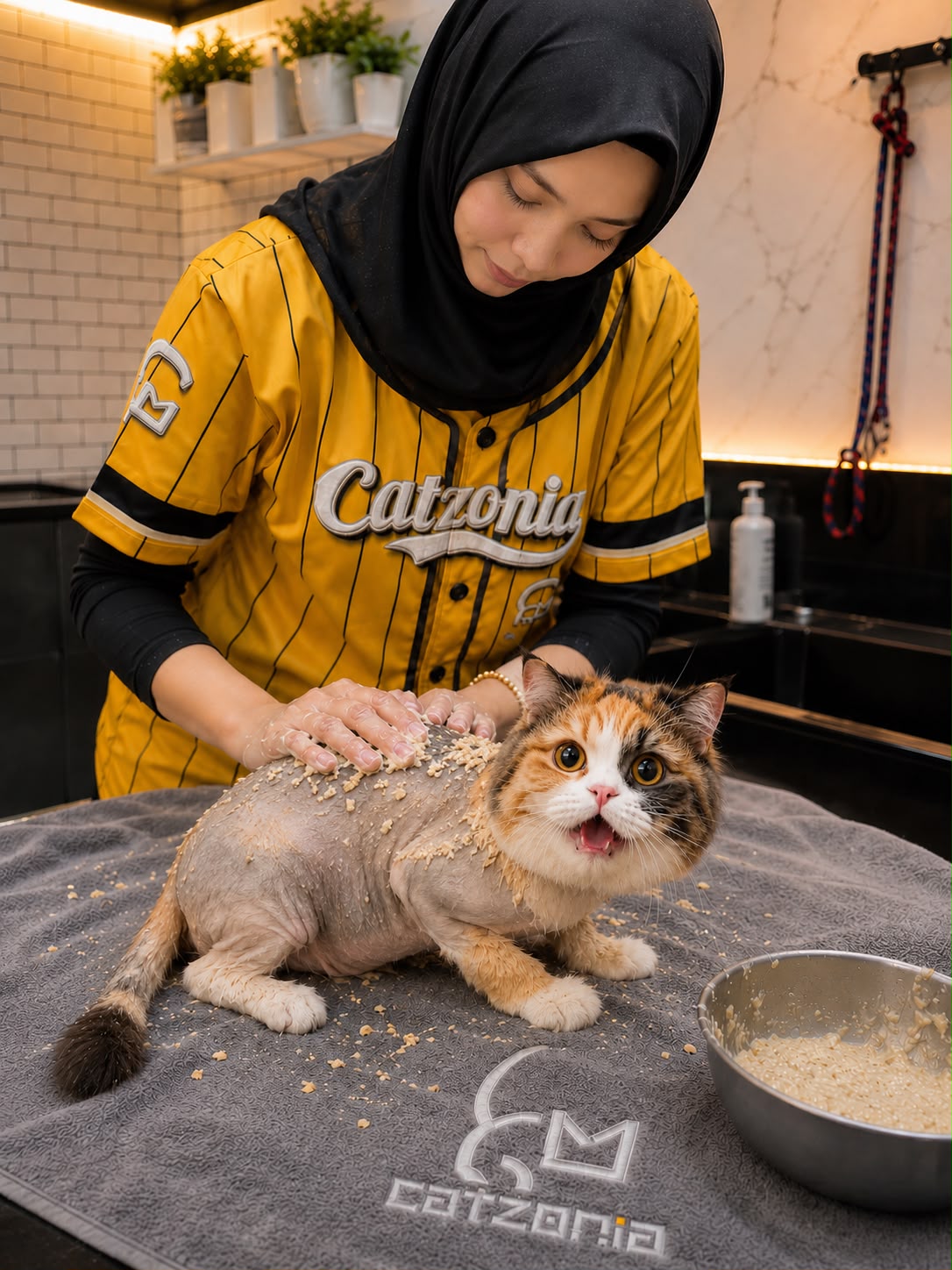 A Catzonia teammate giving a cat a gentle spa treatment at the grooming station