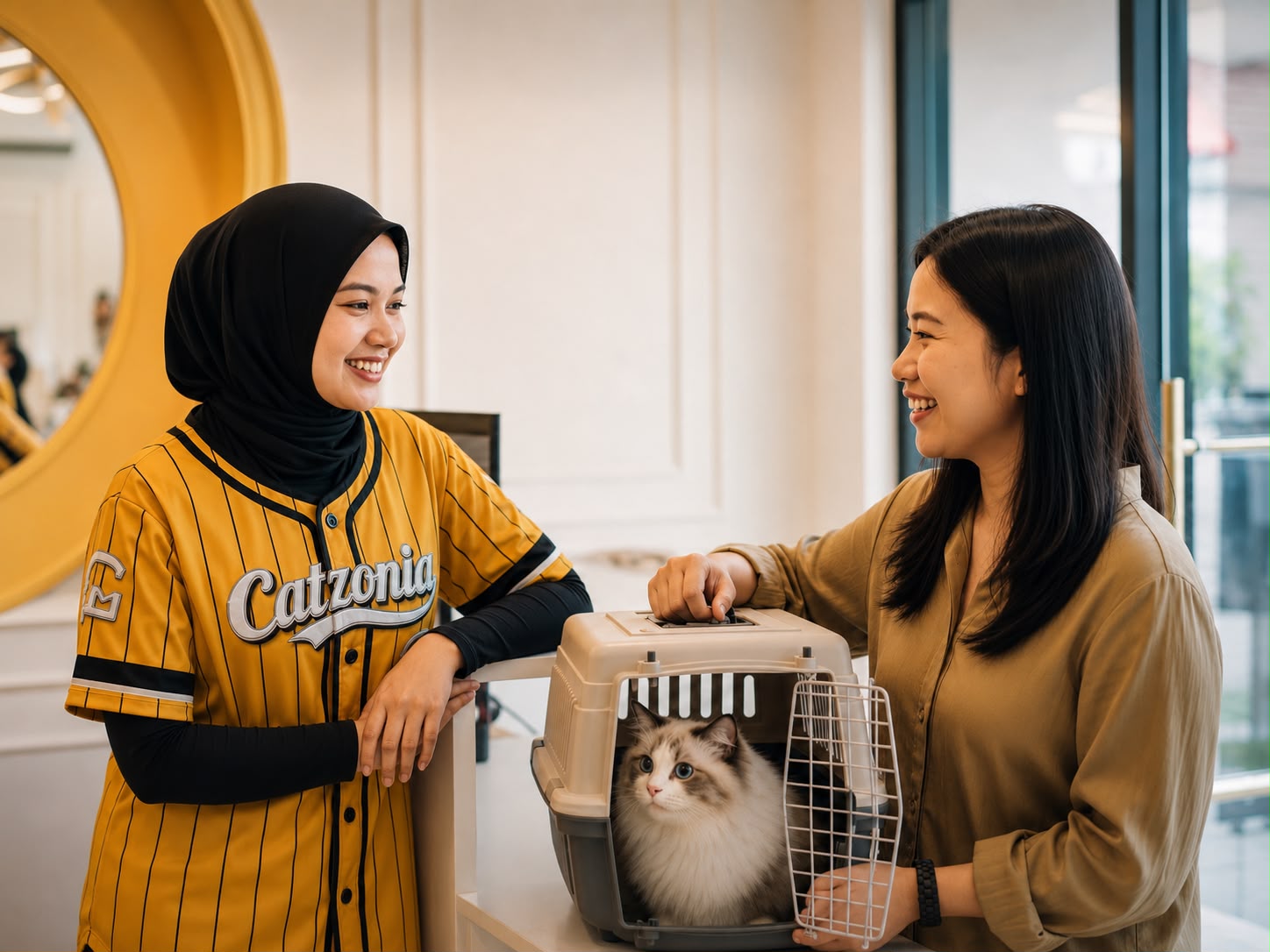 A Catzonia teammate in the signature jersey welcoming a customer and their cat
