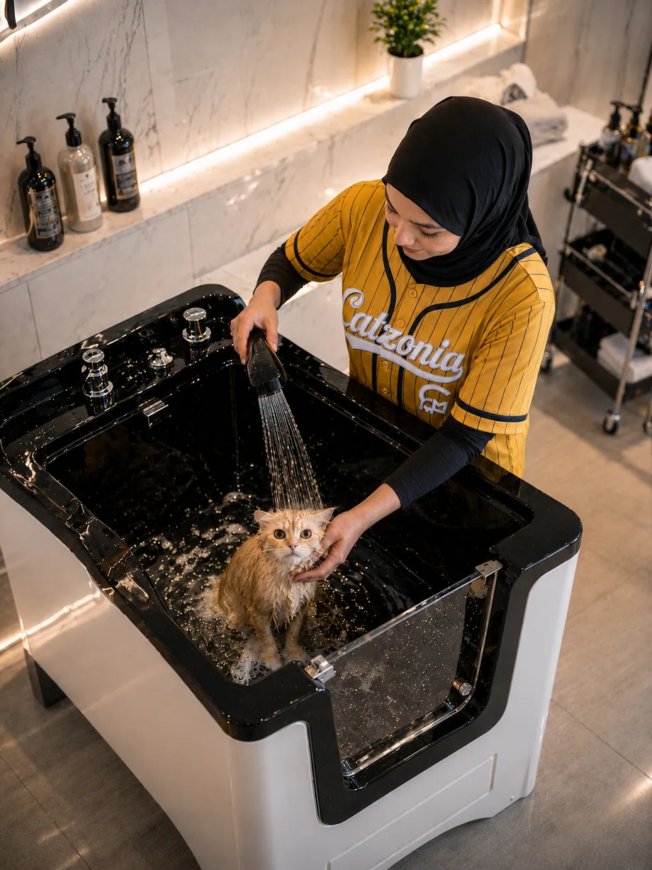 Catzonia luxury cat spa bath — signature grooming treatment