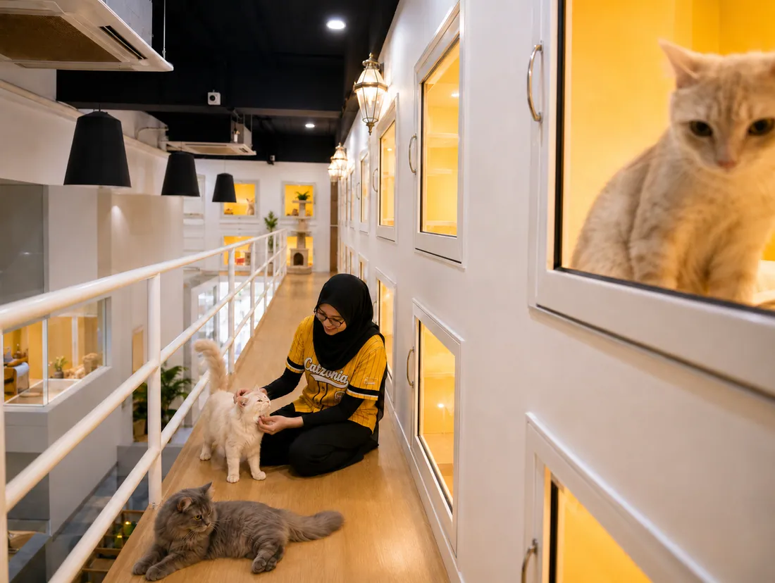 Catzonia carer giving cats daily attention in the cattery