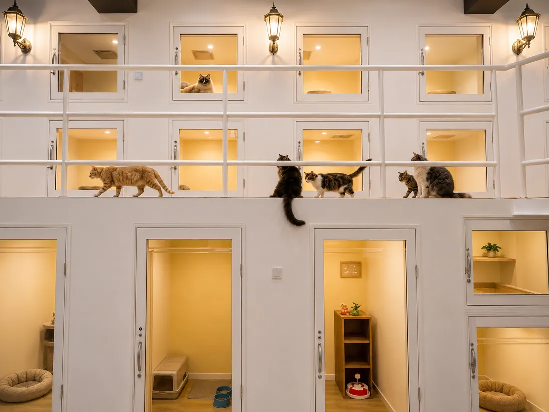 Cats roaming the Catzonia cattery interior ledges