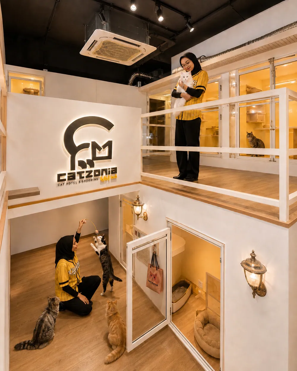 Catzonia two-storey cattery with carer and cats at play