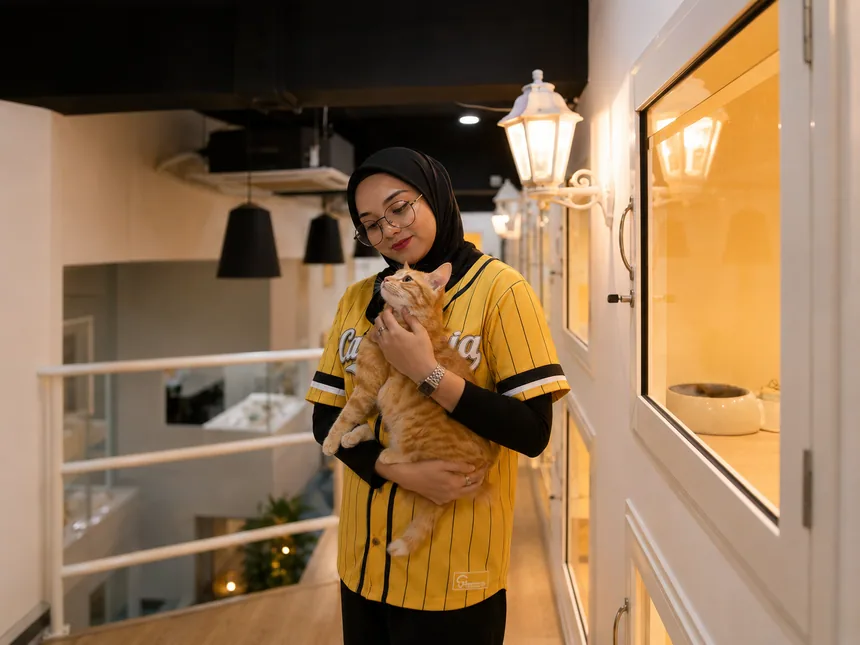 A groomer gently cradling a cat