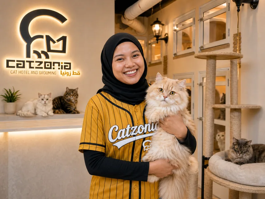 Catzonia groomer holding a cat at the spa reception