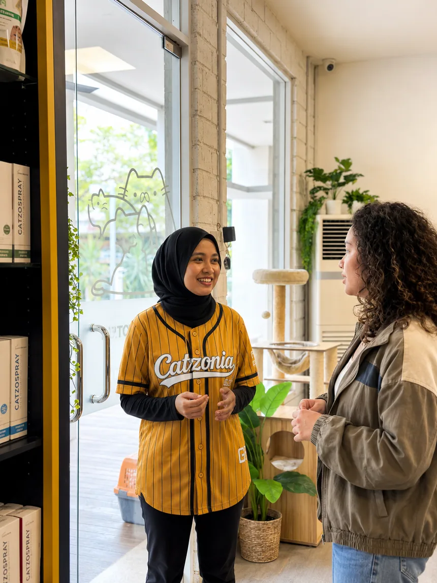 A Catzonia team member consulting with a cat owner at the outlet